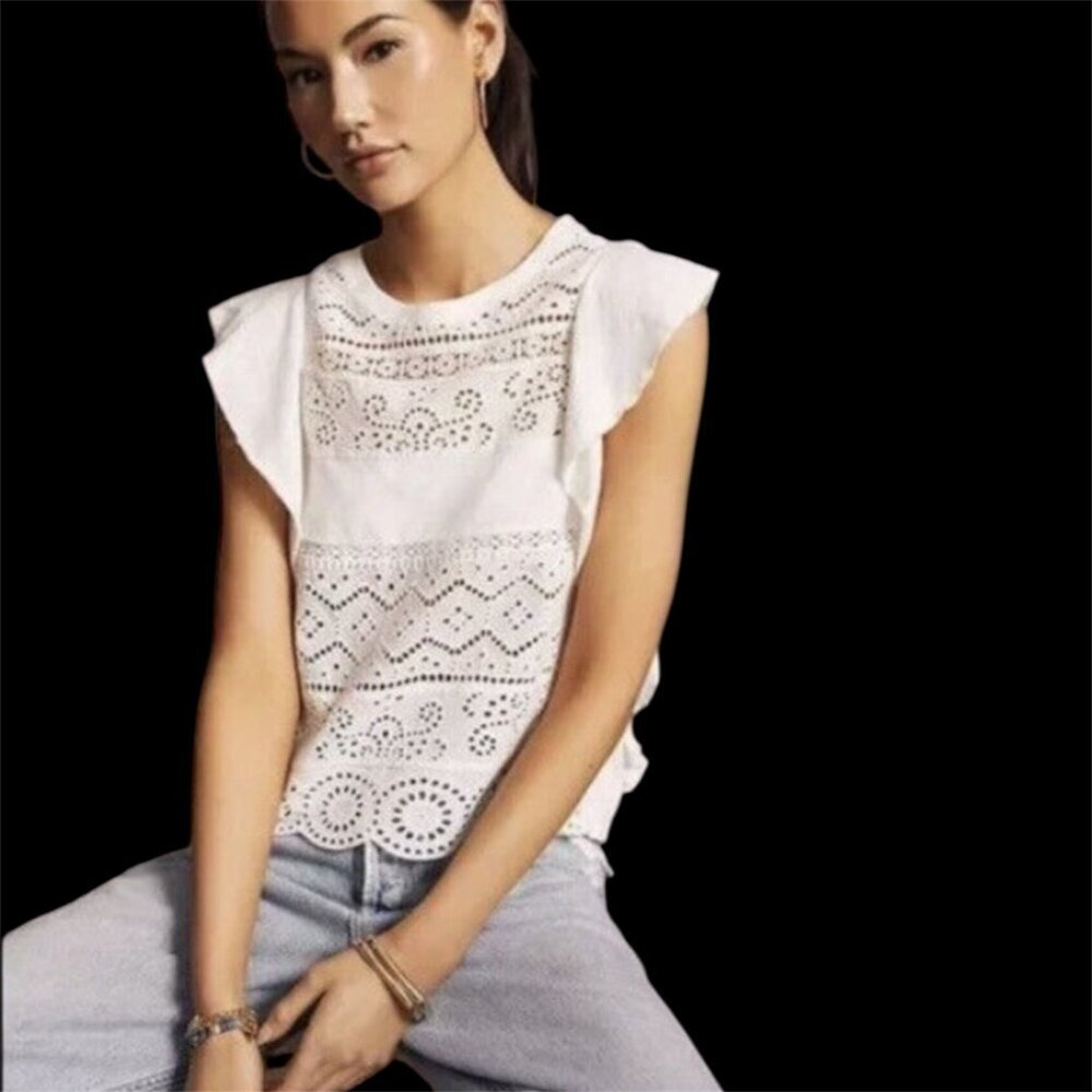 By Anthropologie White Eyelet Lace Sleeveless Top S